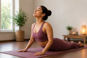Woman practicing Viparita Karani (Legs-Up-the-Wall Pose) to support fertility, pelvic circulation, and relaxation naturally.